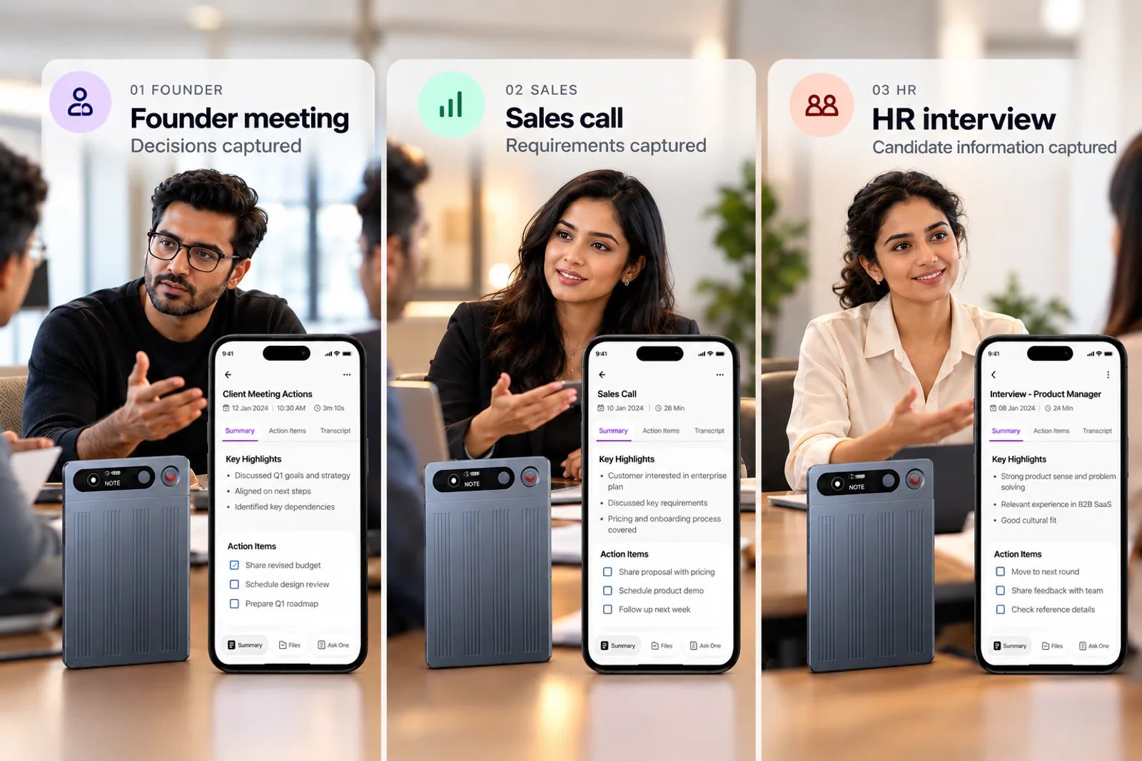 OneVerse device on the table in a founder meeting, a sales call and an HR interview, with the summary and action items on a phone