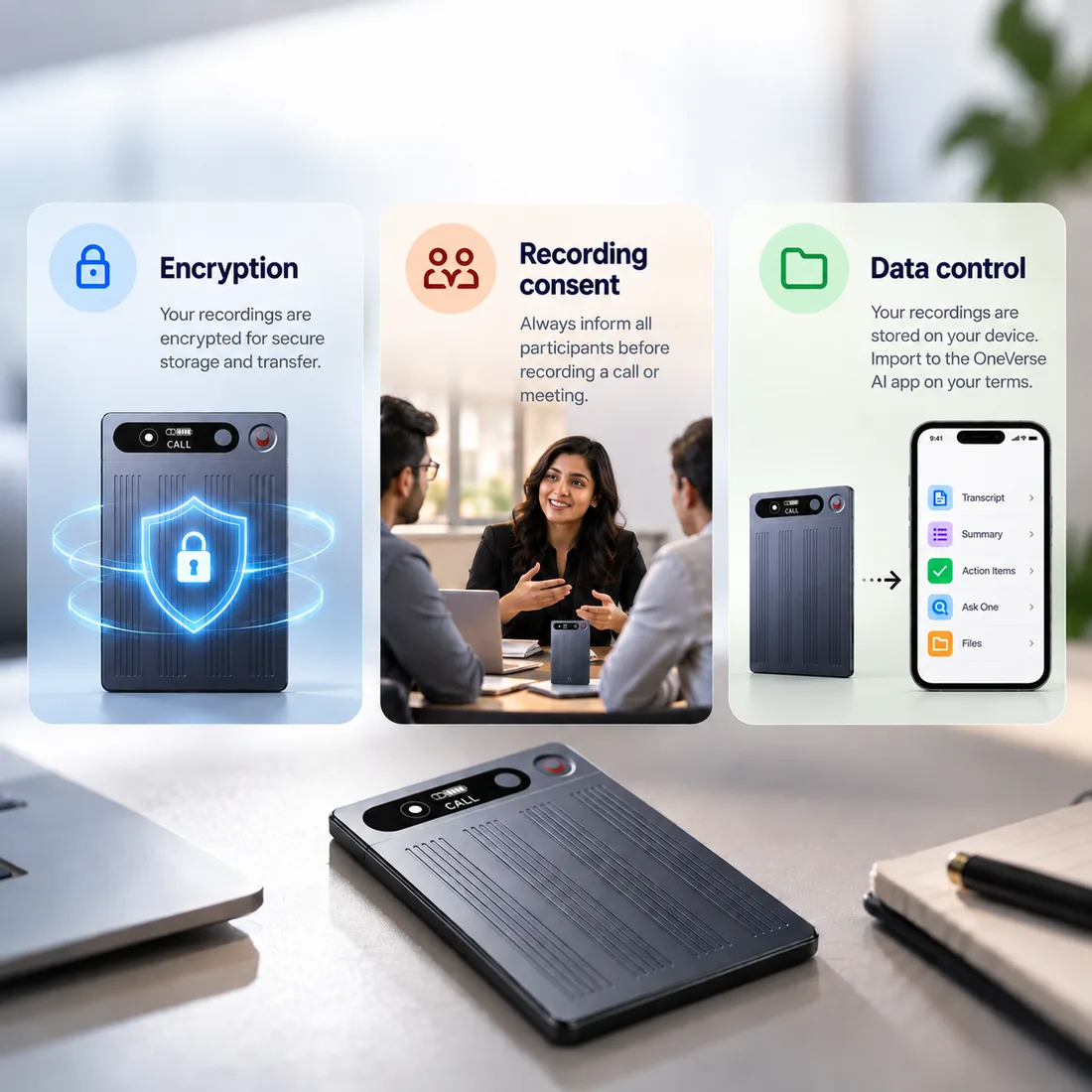 OneVerse device with encryption, recording consent and on-device data control